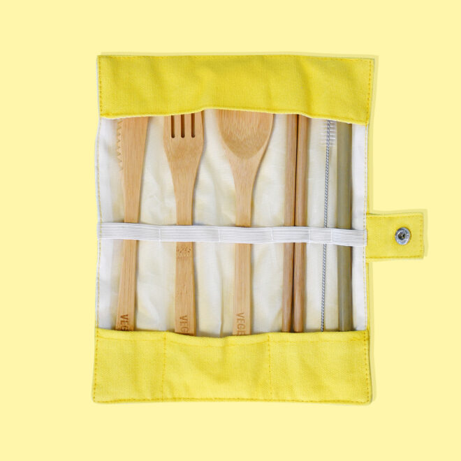 Bamboo cutlery and cotton pouch (coloured)