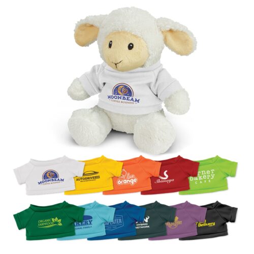 Lamb Plush Toy with printed white t-shirt and t-shirt color options