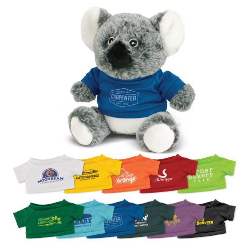 Koala Plush Toy with printed blue t-shirt and coloured t-shirt options below
