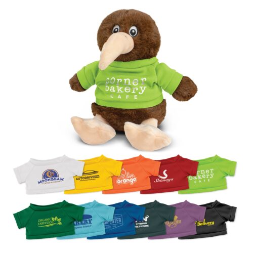 Kiwi Plush Toy with bright green t-shirt and t-shirt color options below