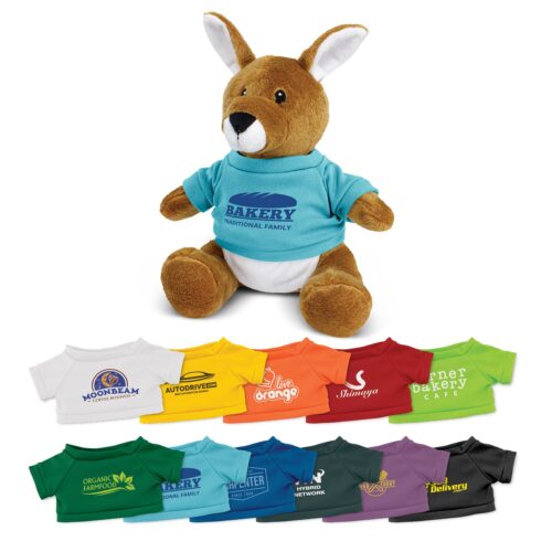 Kangaroo Plush Toy with light blue t-shirt and t-shirt colour options below