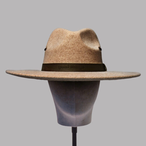 Polyester fedora hat with PU debossed trim and straps – Beige