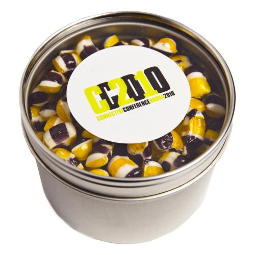 Small Round Acrylic Window Tin Filled with Tiny Humbugs 100G