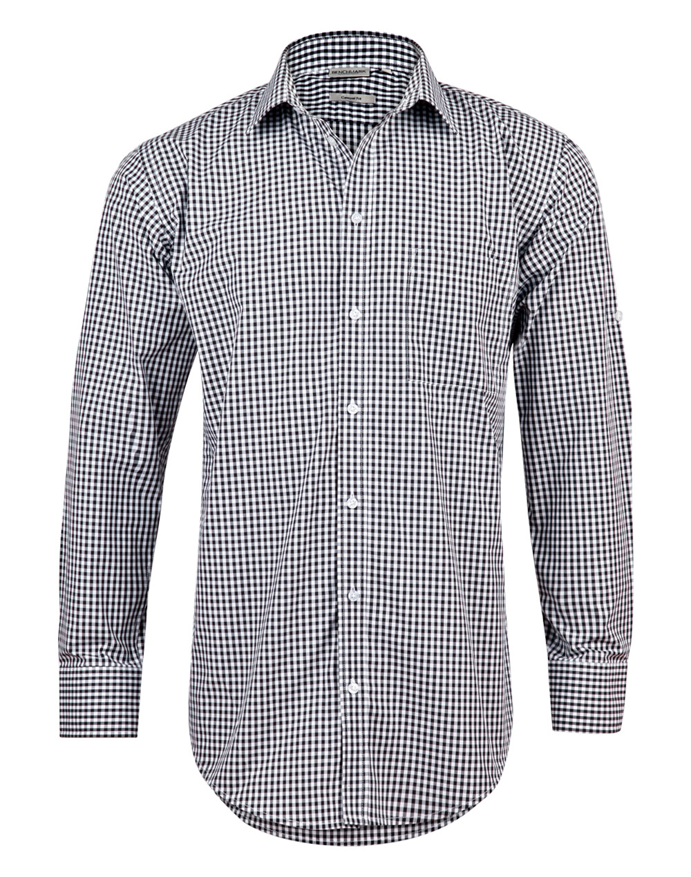 M7300L_BlackWhite_l Men’s Gingham Check Long Sleeve Shirt With Roll-Up Tab Sleeve
