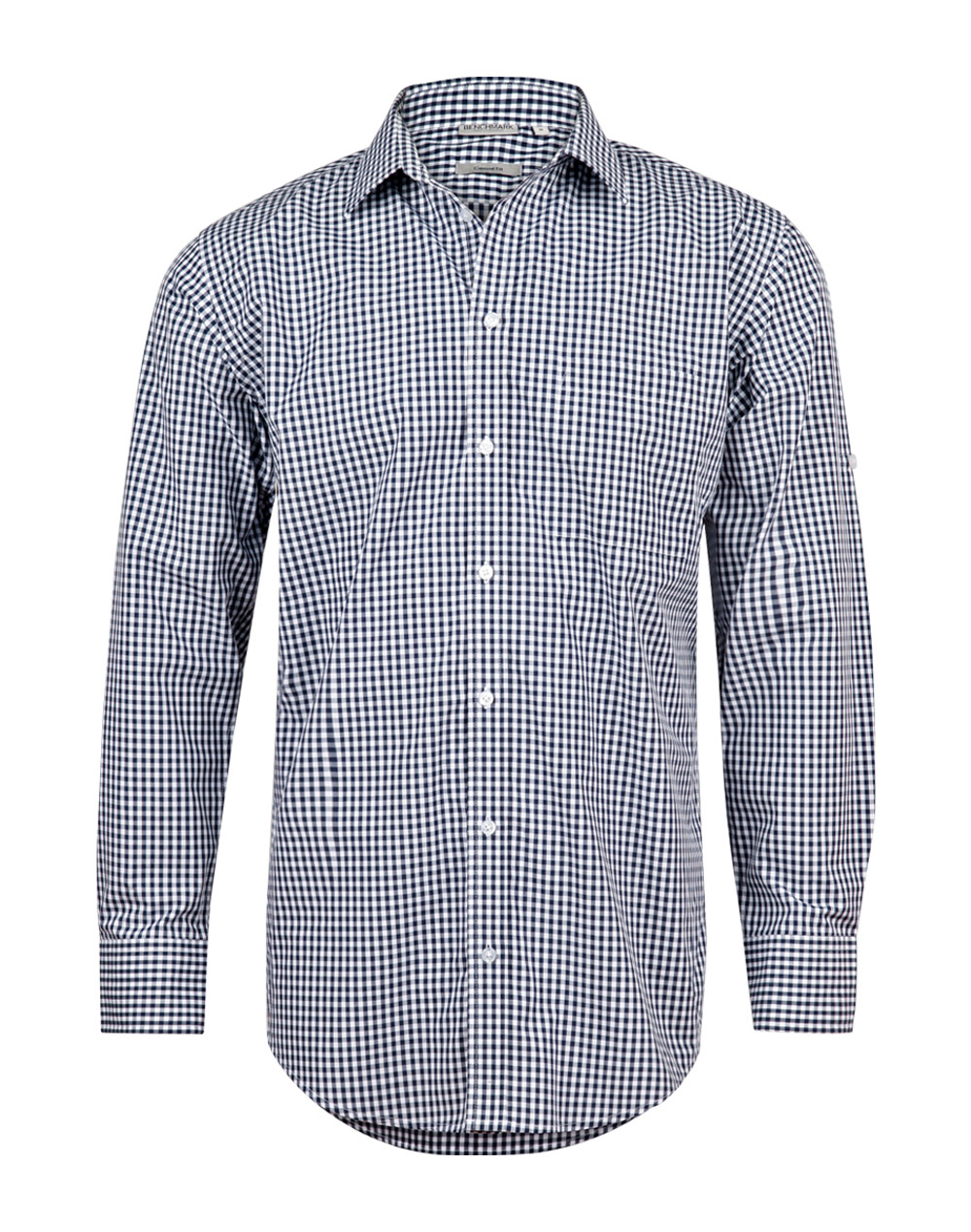M7300L_NavyWhite_l Men’s Gingham Check Long Sleeve Shirt With Roll-Up Tab Sleeve