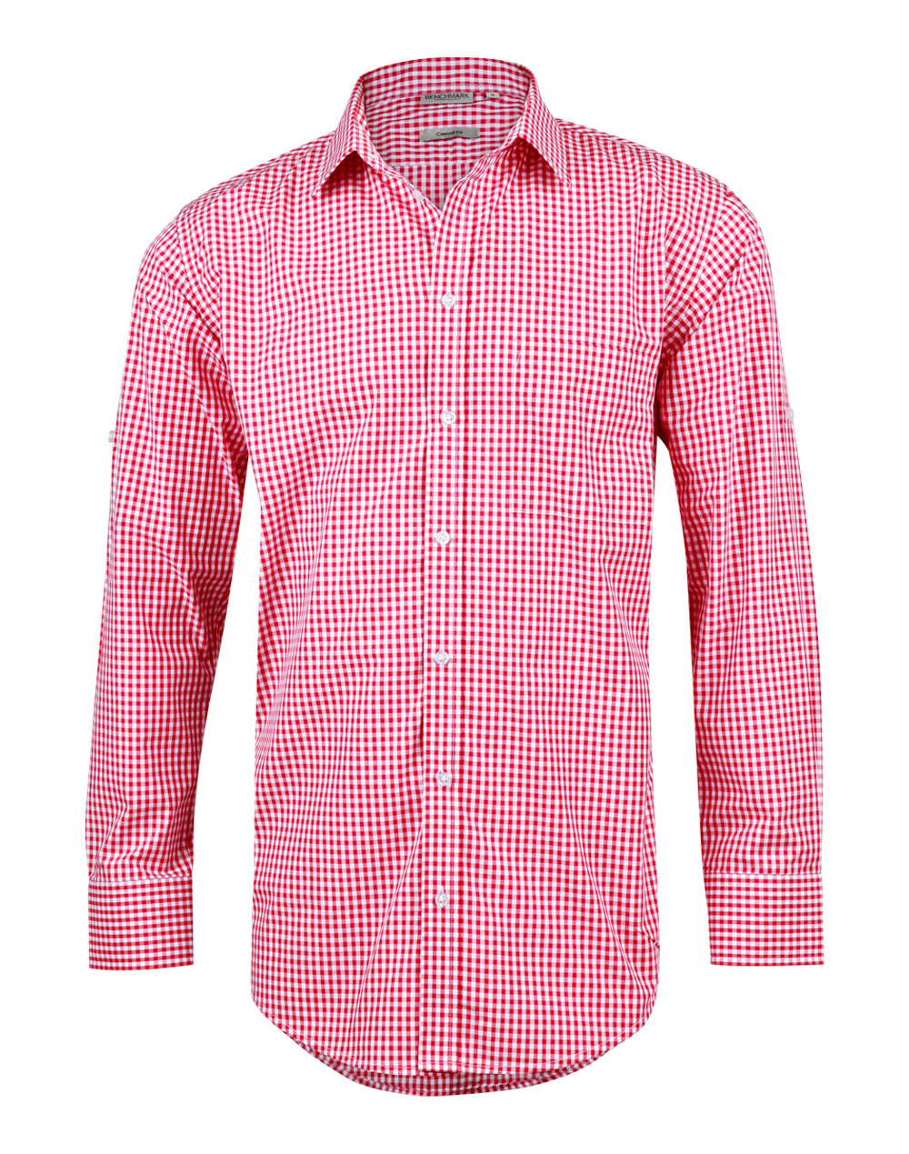 M7300L_RedWhite_l Men’s Gingham Check Long Sleeve Shirt With Roll-Up Tab Sleeve