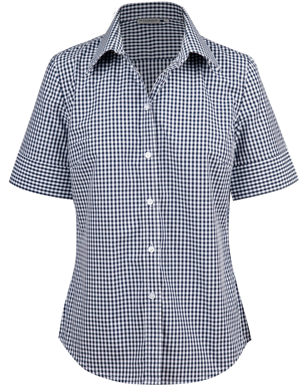 M8300S_NavyWhite_l Ladies’ Gingham Check Short Sleeve Shirt