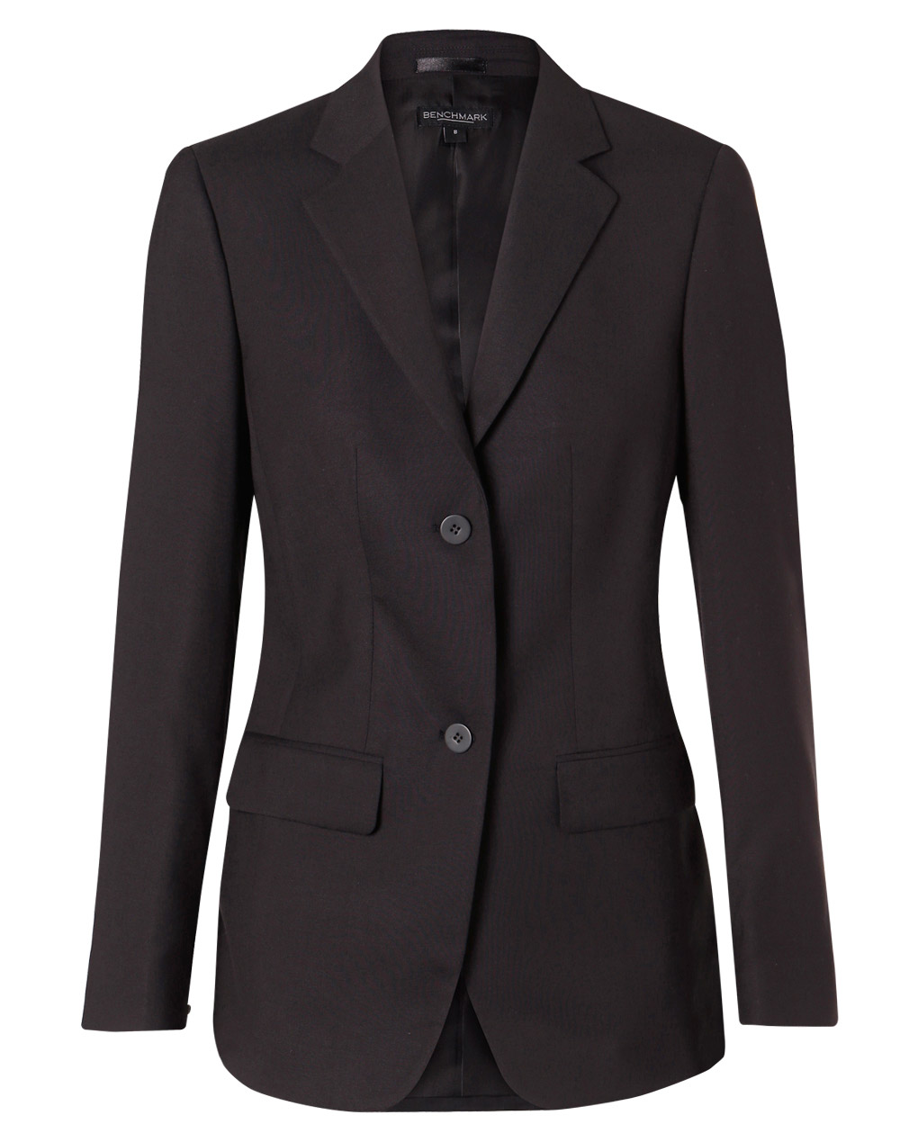 M9206_Charcoal_l Women’s Poly/Viscose Stretch Two Buttons Mid Length Jacket