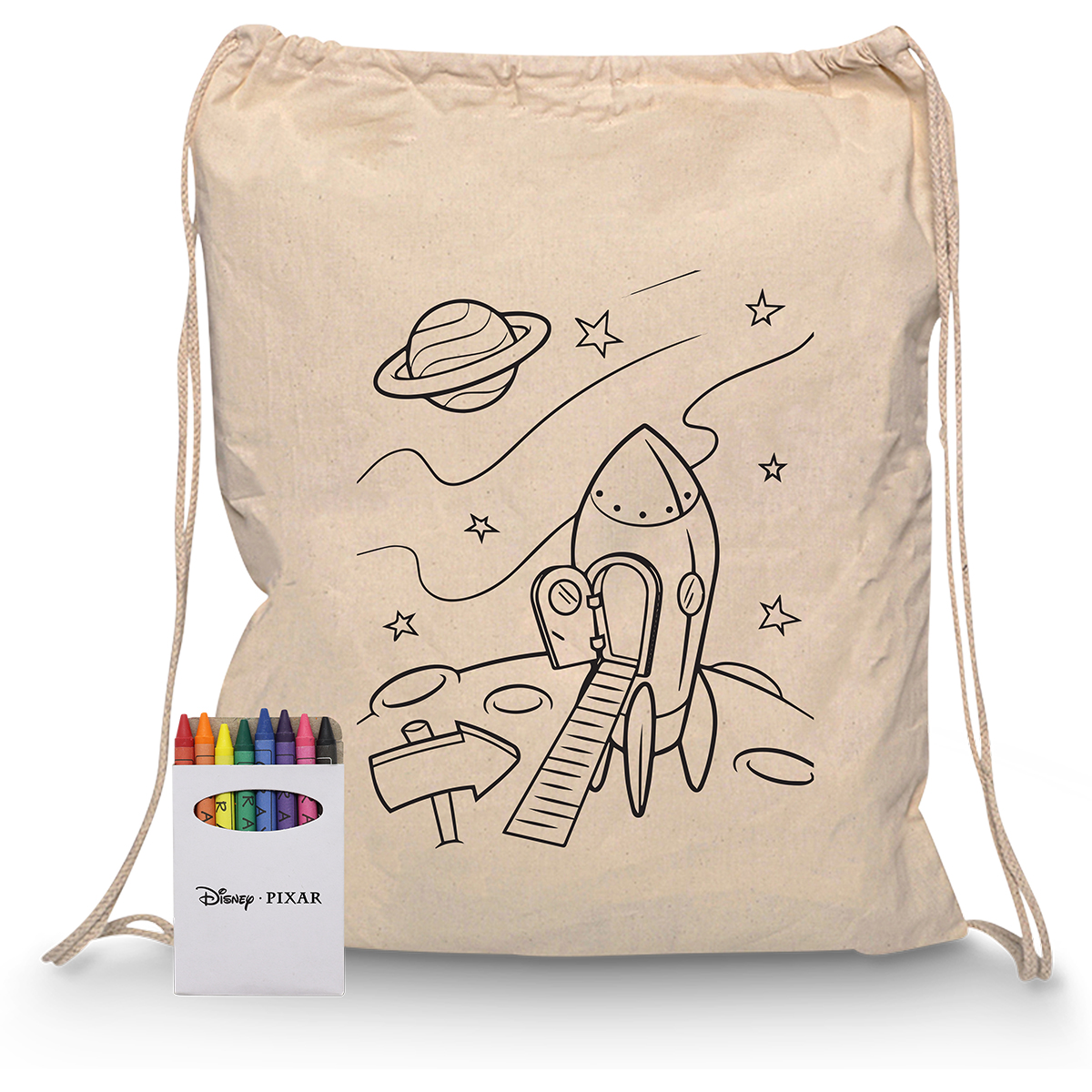 Squiggle Calico Drawstring Bag + Crayon set
